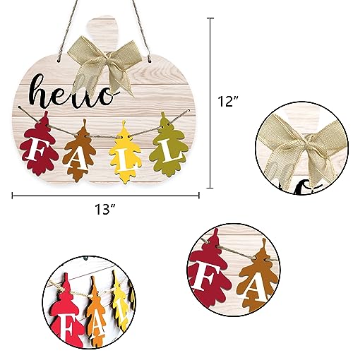 Hello Fall Pumpkin Door Sign Fall Autumn Farmhouse Sign Red Yellow Brown Green Maple Leaf Wood Home Decor - Image 3
