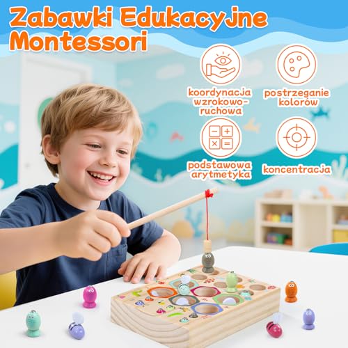 ECHOCUBE Magnetyczna gra wędkarska, drewniane zabawki wędkarskie 3 w 1 dla dzieci, zabawki Montessori, gry edukacyjne, prezent dla 3-letniego chłopca i dziewczynki na urodziny lub Boże Narodzenie