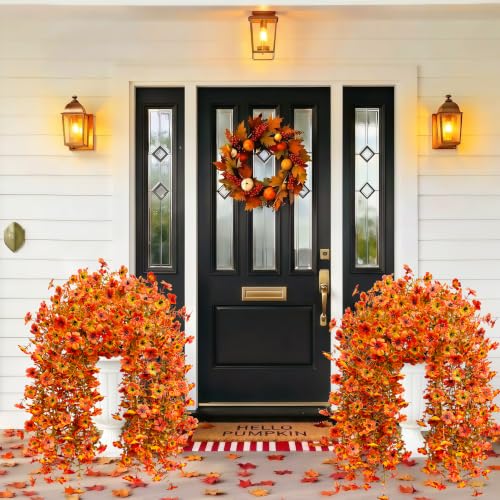 Image of Bassion Artificial Mums for Outdoor, 2 Pcs Fake Fall Hanging Flower, Orange | UV resistant, silk, realistic faux fall flowers for outside planters garden yard patio balcony front door porch home decor