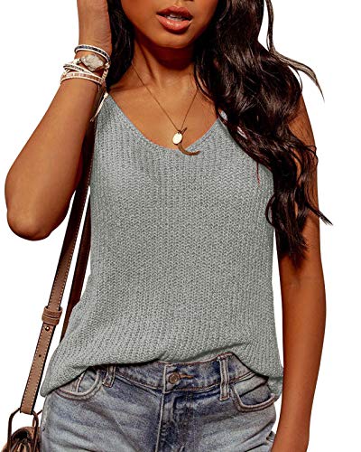 Ybenlow Womens Summer Knit Tank Tops V Neck Sleeveless Sweater Casual Loose Sheer Vest Shirt Blouses Grey