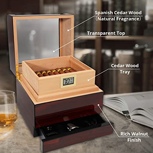 Kavine Cigar Humidors, Top Handcrafted Spanish Cedar Humidor Cigar Box With Bulit In Digital Hygrometer, Humidifier, And Accessory Drawer-3 Wooden Shelves Hold 55-85 Cigars #TOP3