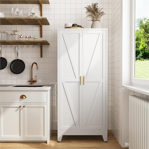 Image of COFaR 61 inch Metal Pantry Cabinet with Adjustable Shelves, White Storage Cabinet with Doors and Shelves, Sturdy Freestanding Cupboard for Kitchen Pantry, Bathroom Storage, Living Room & Office