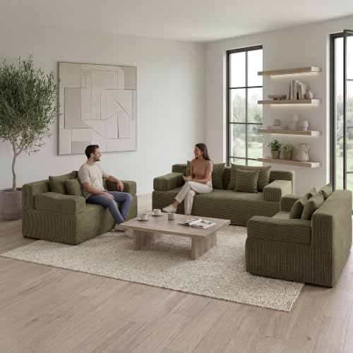 Image of MONVANE 3-Piece Boneless Loveseat Couch Set for Living Room, Oversized Modular Sectional Sofa Set with Removable Armrests, Comfy Corduroy Cloud Couch with 12 Pillows, No Assembly Required, Green