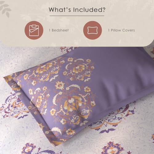 Image of Spaces Fiora Ornate Single Bedsheet with 1 Pillow Covers | 100% Cotton Bed Sheet | Percale Bedding Set | Super Soft & Breathable Bedsheet | Light Violet | 152 x 228 Cm