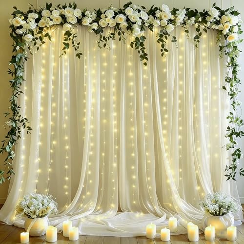 10x10ft Beige Tulle Backdrop Curtains with Lights String for Parties,Wrinkle Free Sheer Curtain Wedding Photo Backdop Drapes for Baby Shower Birthday Party Photography Home Decorations