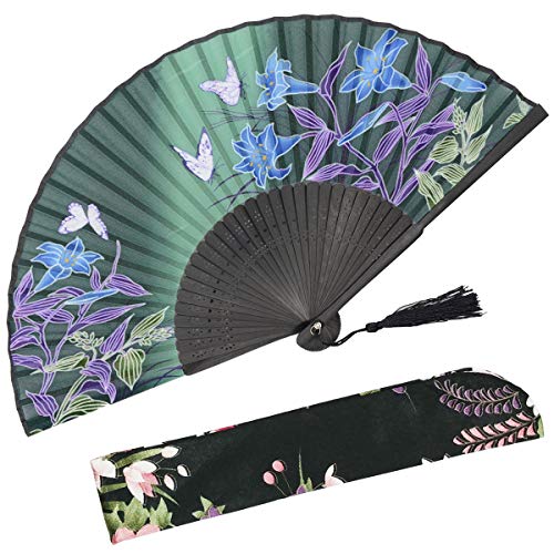 OMyTea® Hand Held Silk Folding Fan with Bamboo Frame - with a Fabric Sleeve for Protection for Gifts - 100% Handmade Oriental Chinese/Japanese Vintage Retro Style - for Women Ladys Girls (WZS-27)