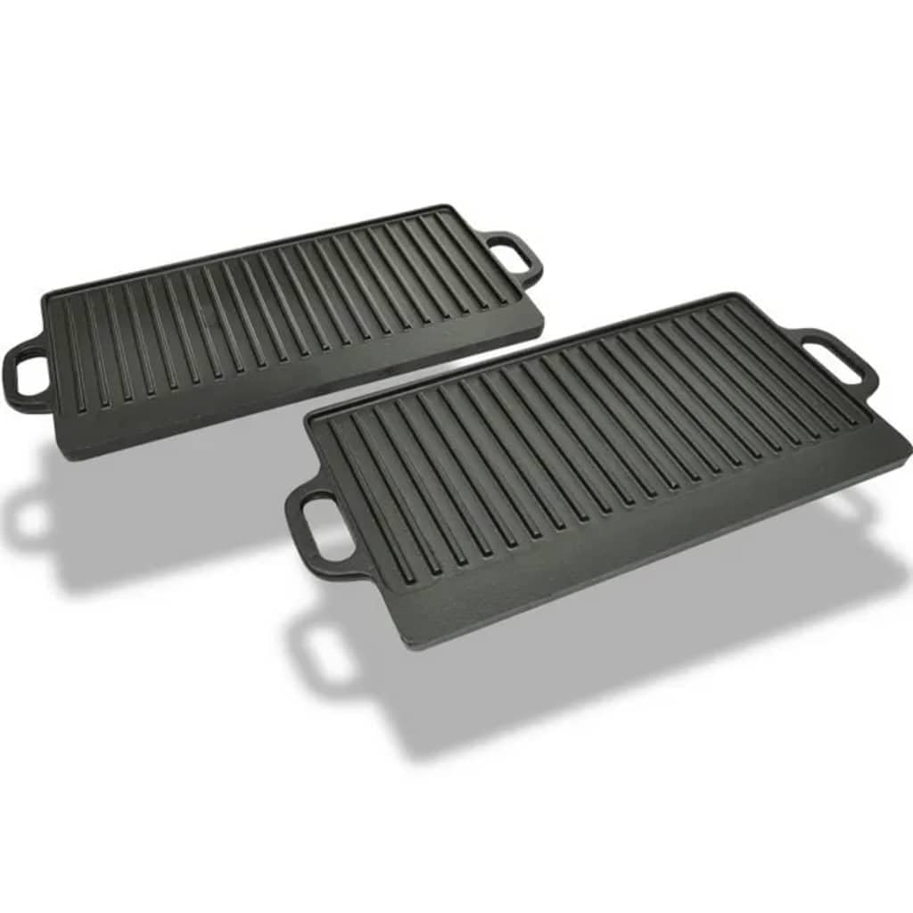 Mangloder - Placa reversible para barbacoa, 2 unidades, hierro fundido, 46 x 23 cm, antiadherente, estriada, inducción, horno, estufa de gas, vitrocerámica, rectangular para filete, pescado, verduras