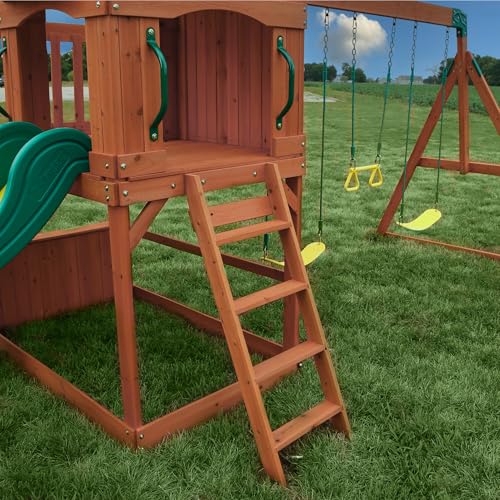Backyard Discovery Atlantis Cedar Wood Swing Set with Wave Slide, Raised Clubhouse, Rock Wall, Belt Swings, Trapeze, Balcony, Lower Play Space, Snack Bar, Sandbox Area, Step Ladder, Outdoor Playset - image 8