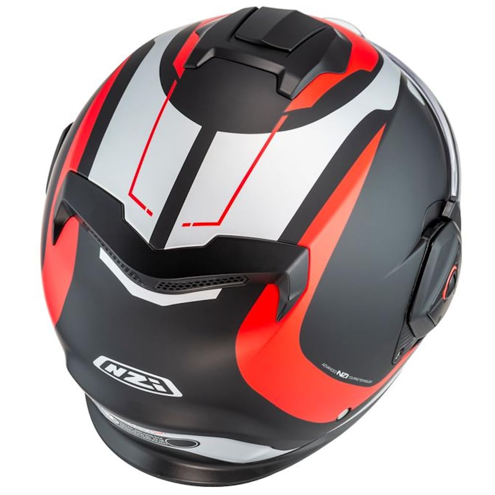 NZI Fastback Duo Designed Summum Negro Mate Rojo Intercom Sena - Casco de Moto Modular Abatible Bluetooth Integrado con Visor Solar - Unisex Hombre y Mujer - Homologado P/J ECE 22.06