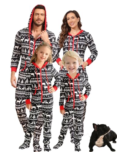 Image of Veseacky Family Christmas Pajamas Matching Sets Adult Onesie Zipper Hooded Footed One-Piece Pjs Jumpsuits