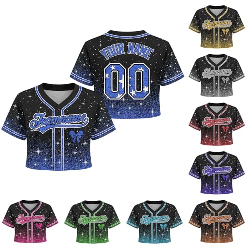 Custom Crop Baseball Jersey Women Girl Youth Kids, Blue Cropped Jersey Black Cheerleading Uniform Sparkly Jersey Name Number Logo, Cheer Shirts for Cheerleaders Camisa De Beisbol