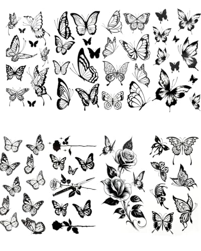 KGDUYC 8 Hojas Tatuajes Temporales Grandes de Mariposas Negras - Pegatinas Impermeables para Adultos, Tatuajes Falsos Realistas Pegatinas de Piel de Mariposa para Mujeres y Hombres (Negro)