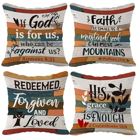 (RB) Scripture Art Vintage Flannel Throw Pillow Case, 18 x 18 Inch Set of 4, Christian Decor, Christian Gift, Church Gifts, Inspirational Gift, Cushion Cover for Sofa Couch Bed Cover
