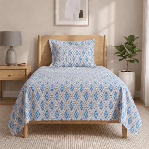 Image of LANE LINEN Symphony | 100% Cotton Sheet Set | Soft & Breathable Fabric | 2 Piece (1 Bedsheet + 1 Pillow Cover) | Single Bed Sheet Set - Linear Blue Horizon