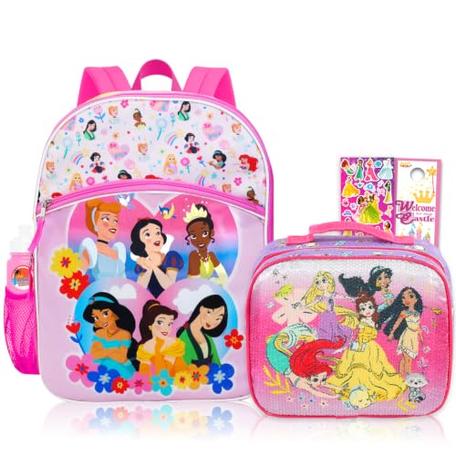 Disney Mochila princesa com conjunto de lancheira – Pacote com mochila branca de neve de 40,6 cm, lancheira, adesivos, garrafa de água, adesivos, mais | Mochila escolar de princesa Disney para meninas