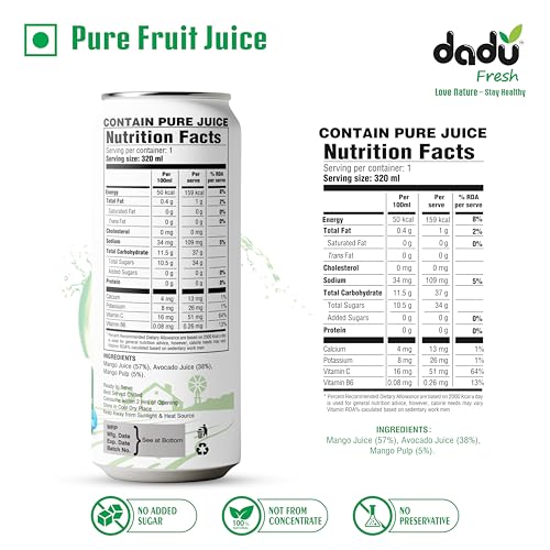 Image of Dadu Fresh Avocado & Mango Juice | Pure Natural Fruit Healthy Beverage | Not from Concentrate, No Added Sugar, No Preservatives or Artificial Flavours | Vitamin Rich & Naturally Refreshing | 4 Cans x 320ml (1280ml)