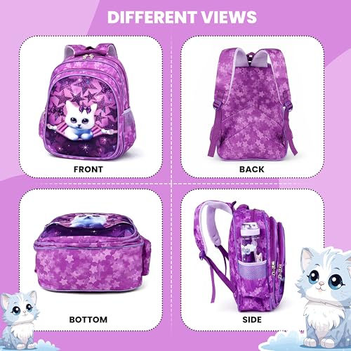Image of Storite Kids School Bag for Girls | Lightweight Backpack with Star Pattern | Durable Zipper, Spacious Compartments, 3D Kitty Design (Purple-31x13x41 Cm)