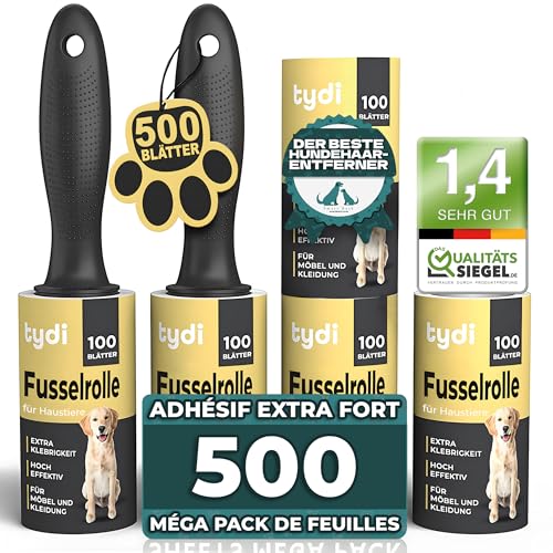 Tydi Rouleau Anti-Poils d'animaux réutilisable - 600 Feuilles, Brosse adhésive pour Poils d'animaux - 100 Feuilles par Rouleau adhésif, Recharge pour vêtements, canapés, Rouleau Anti-Peluches