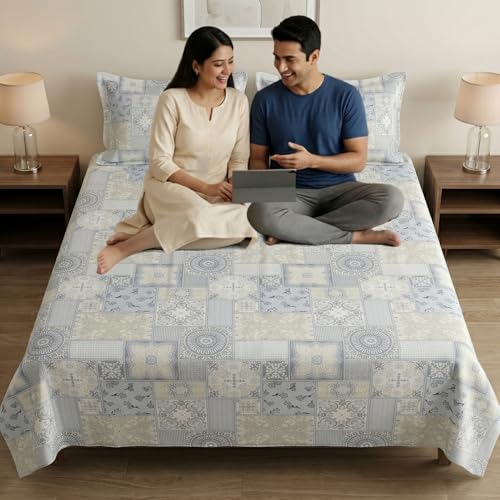 Image of Mafatlal 186 TC Metro Cotton Double Bed Bedsheet | 90x100 Inch|Soft, Breathable & Lightweight | Includes 2 Pillow Covers| Morning Sky 1