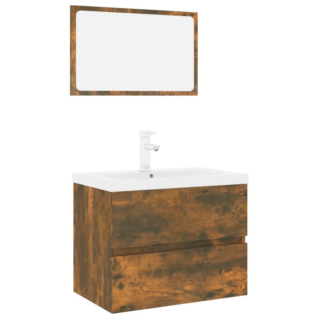 Juego de muebles de baño de madera de roble ahumado con armario para lavabo y espejo de pared, 60 x 38,5 x 45 cm, incluye grifo, muebles de baño para baño moderno, solución práctica de