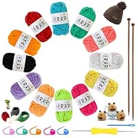 21 Pcs Knitting Kit for Beginners, 12 Colours Hand Knitting Yarns & 2 Bamboo Knitting Needles, Easy Knitting Set Knitting Starter Kit for Adults, Dishcloths Craft Kits for Handcrafts Arts