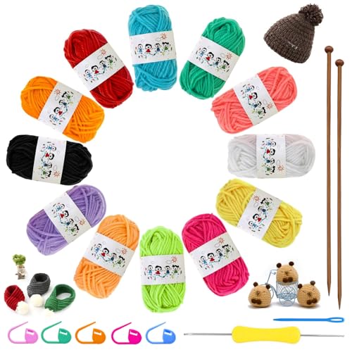 ICHOWHO 21 Pcs Knitting Kit for Beginners 12 Colours Hand Knitting Yarns & 2 Bamboo Knitting Needles Easy Knitting Set Knitting Starter Kit for Adults Dishcloths Craft Kits for Handcrafts Arts