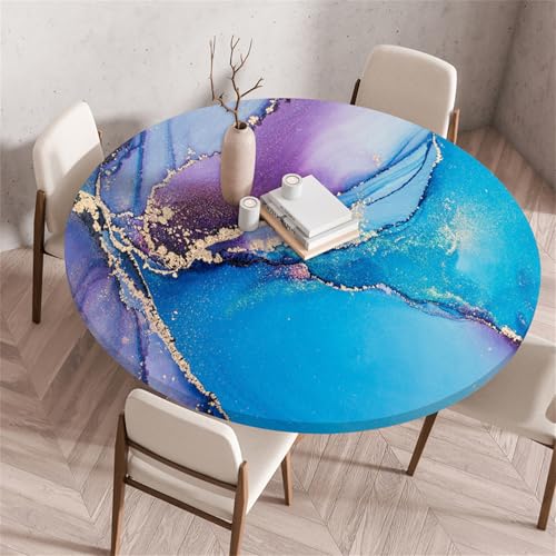 Muiuou Waterproof Elastic Fitted Round Tablecloth,Marble Printing Reusable Waterproof Oil-Proof Edged Protector Round Tablecloth,for Fitted Kitchen Restaurant Picnic (Diameter 130cm,Marble 10)