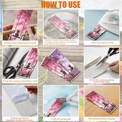 Image of FREEBLOSS 6 Set Cross Stitch Bookmarks Kit Cat in Night Stamped Cross Stitch Kit DIY Embroidery Bookmark Set with Instruction for Adults Beginners Gift for Reading Enthusiasts 8 * 2.4inch 11CT
