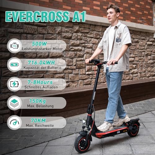 EVERCROSS EVERCROSS E-Scooter mit Straßenzulassung (ABE), 500W Motor, 10 Zoll Offroad Vakuumreifen, 46,8V 716,04WH Akku bis 70 km Reichweite, Faltbarer Elektroroller für Erwachsene mit App & LED-Display - Detailansicht 2 | Tages Deals
