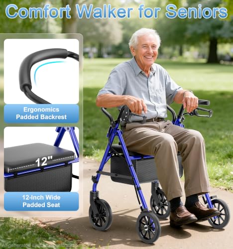 Image of HOMLAND Foldable Walkers for Seniors with Seat, 16lb Light Rollator Walkers | 22 inch Wide, 5-Level Height Adjustable, for Narrow Spaces, Comfortable Elastic Seat, Portable Rollator, Stylish Colors, Blue