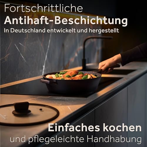 ZWIEGER Große Pfanne mit Deckel 28cm – Schmorpfanne 28 cm hoher Rand, Aluguss, vollflächiger Edelstahlboden, für alle Herdarten (inklusive Induktion) geeignet – Antihaft, PFOA- & PFOS-frei 4