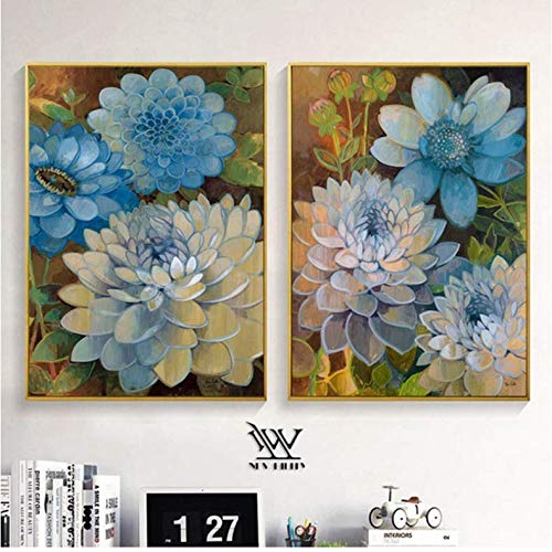 Affiche rétro bleu fleur sur toile 50x70cm décoration murale de salon