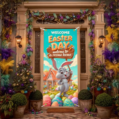 Image of Welcome Easter Door Cover Cute Bunny Banner Cartoon Eggs Spring Front Door Decorations Home Party Outdoor Decor 35.4x71 Inch