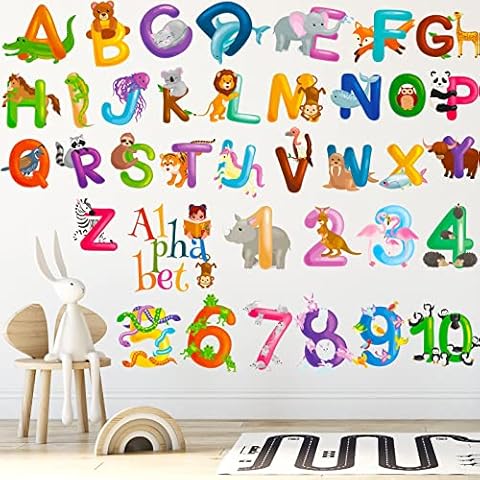 Arquiel Animal Alphabet Wall Stickers Colorful Numbers Letters ABC Learning Wall Decals for Kids Toddlers Nursery Living Room Classroom Cover