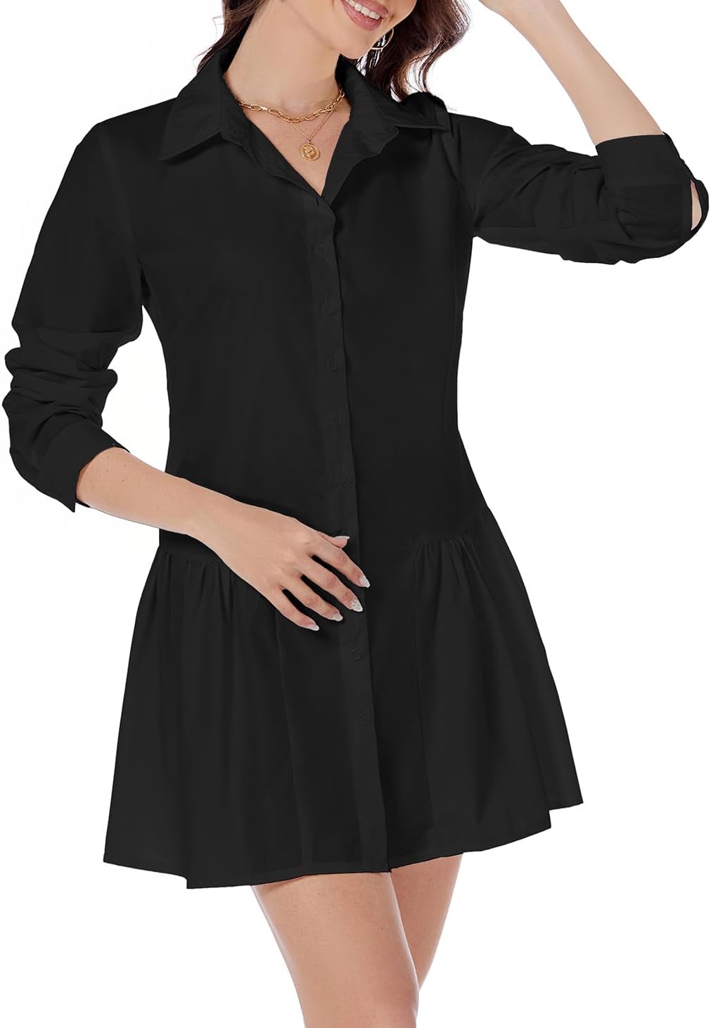 Women's Casual Button Down Shirt Dress Long Sleeve Collared Swing Ruffle Hem Shift Mini Dress - Image 4