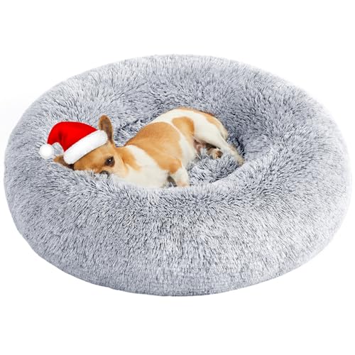 Feandrea Cama de Perros, Cama para Perros, Cojín Central Extraíble y Lavable, Alfombra de Felpa Suave y Mullida, 60 cm de Diámetro, Gris PGW038G01