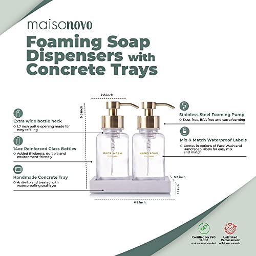 Maisonovo Foaming Soap Dispenser With Concrete Tray & Waterproof Hand Soap & Face Wash Labels | Foaming Hand Soap Dispenser For Bathroom Countertop | Foam Soap Dispenser Clear Foaming Bottle 8 Oz #TOP1