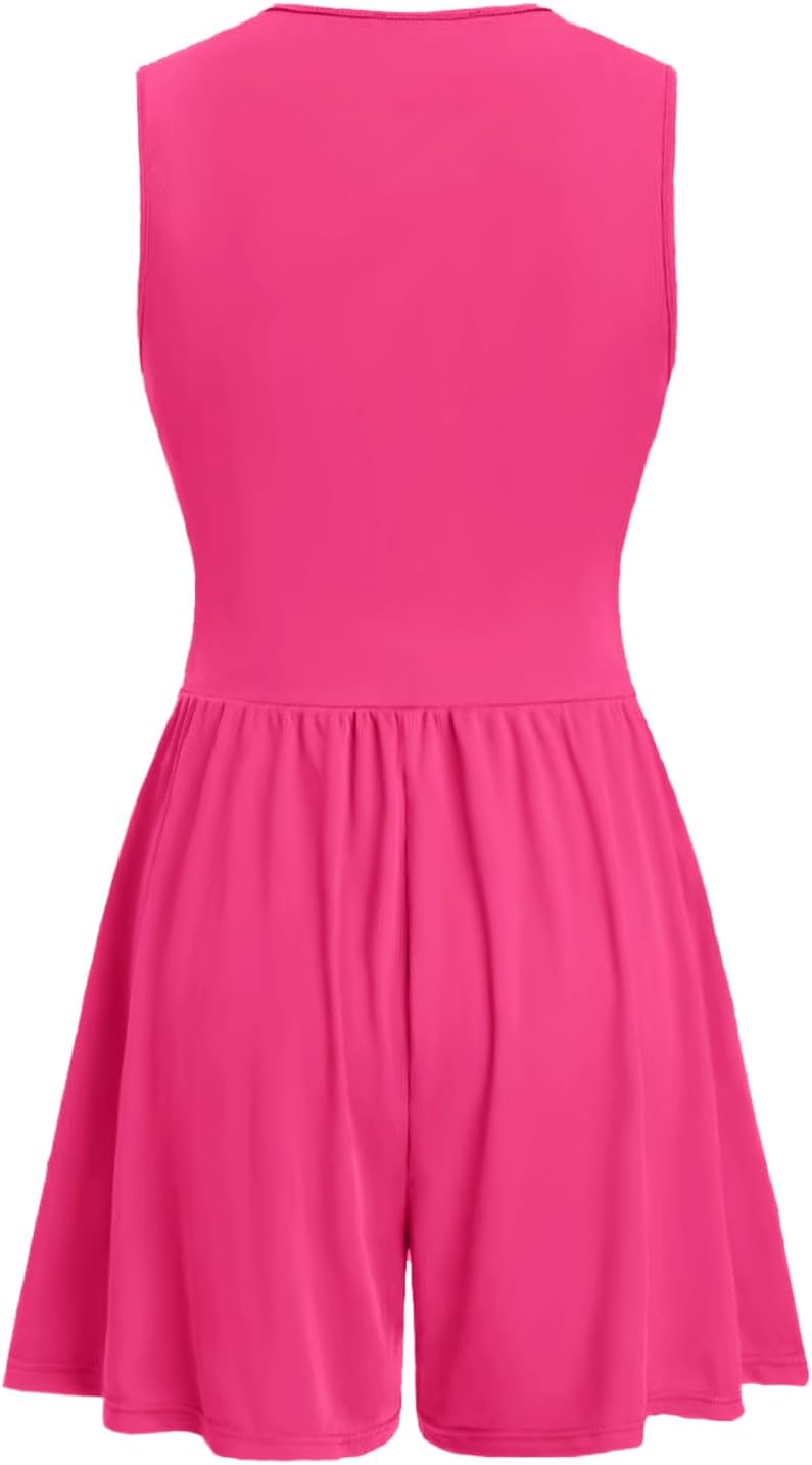 AUXDIO Women Summer Casual V Neck Romper Sleeveless Ruched Short Jumpsuits 2026 Beach Vacation Clothes Rose Red XXL