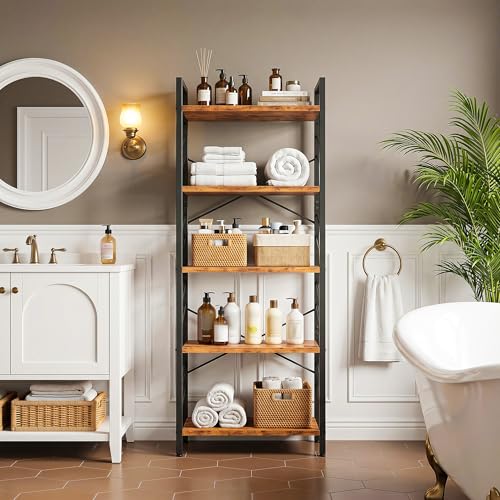 Image of DurayLoly 5 Tier Bookshelf for Narrow Space, Rustic Brown | Small Storage Shelves, Sidebars and Metal Frame