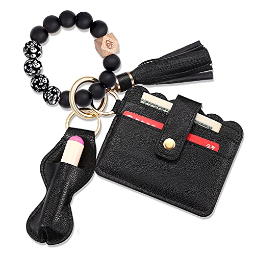 Halloween Wristlet Keychain Bracelet Wallet, Silicone Skull Bead keyring Bangle for Women (skull)