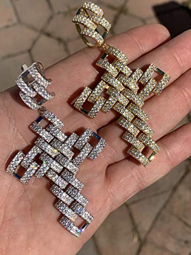 Harlembling Solid 925 Sterling Silver - Men's Large Prong Cuban Cross Piece - Iced Out Mens Cross Pendant (Sterling-Silver) #TOP1