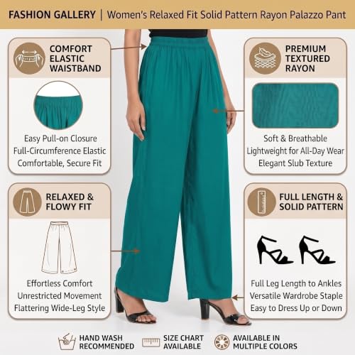 Image of FASHION GALLERY Women's Solid Rayon Palazzo Pants | Relaxed Fit Full Length Wide Leg Palazzo | Elastic Waist Comfortable Casual Lounge Office Ethnic Flared Trousers for Women