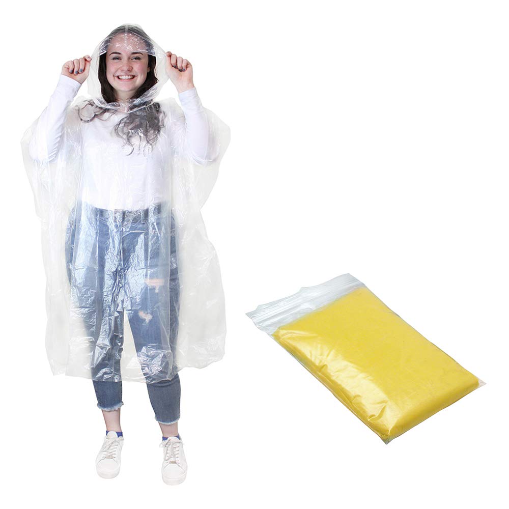 eBuyGB Men's Emergency Water Proof Rain Ponchos with Hoods, Transparent & Yellow, X-Large, Pack of 9