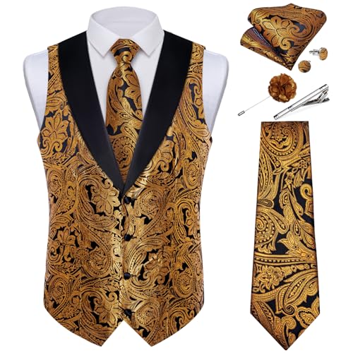 Image of DiBanGu Mens Paisley Suit Vest Silk Jacquard Waistcoat and Necktie Set Formal Shawl Collar Dress Vest 7PCS for Wedding Party