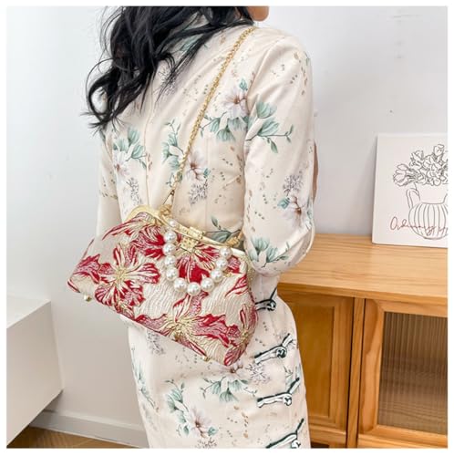 Image of Pearl Evening Bag for Women Lily Pattern Vintage Embroidered Floral Clutch Purse Evening Handbag Shoulder Crossbody Bags
