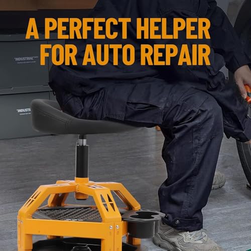 EliteEdge Rolling Garage Stool, 330 LBS Capacity, Adjustable Height, 360° Swivel Seat, Ample Tool Tray Storage, for Garage, Shop, Auto Repair, with Cup Holder, Yellow - Thumbnail 6