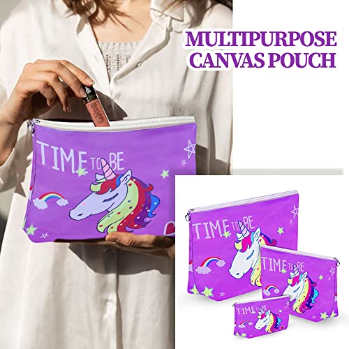 Image of FunBlast Multipurpose Canvas Pouch - Pack of 3 Pcs Pouch with Zipper Lock, Stationary Organizer Pouch, Travel Accessories Pouch Bag, Cosmetic Bag, Money Purse, Handbag (Unicorn-Purple)