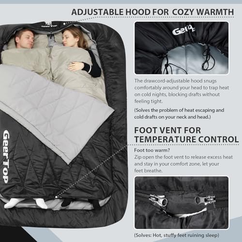 Image of GEERTOP Queen Size Double Sleeping Bag with Blanket for Camping Couples Two Person Adults, Removeable Top Cover 4 Season Backpacking Hiking