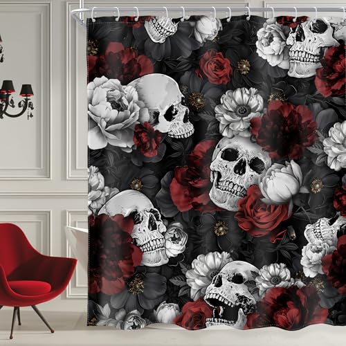 Gothic Skull Spooky Skeleton Shower Curtain Floral Red Rose 60Wx72L Inch