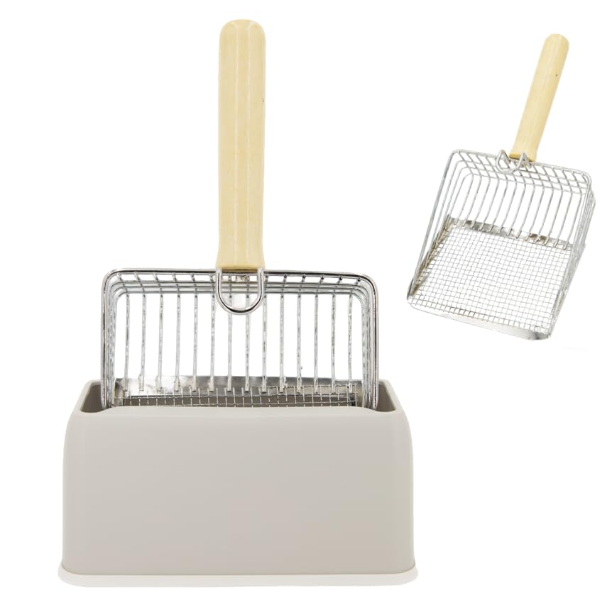 Vitisyao Cat Litter Scoop with Holder, Big Cat Litter Scoop with Built-in 2 Types of Gap, Stainless Steel Cat Litter Sifter with Hook, Heavy Duty Kitten Poop Lifter